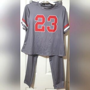 Gray Sports Jersey and Pants Set with Red Number